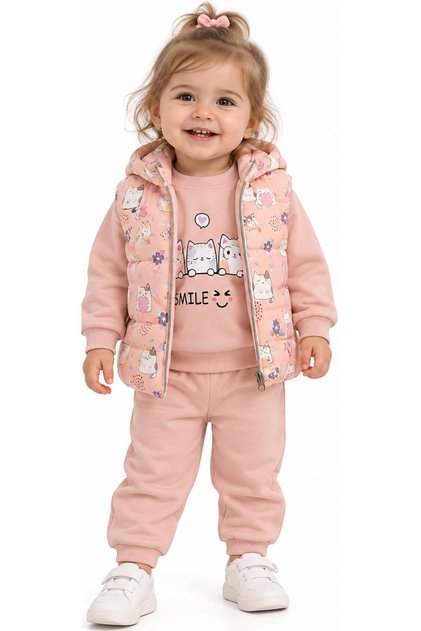 Baby Girl Cat Patterned Inflatable Vest Powder Color Three-Piece Set