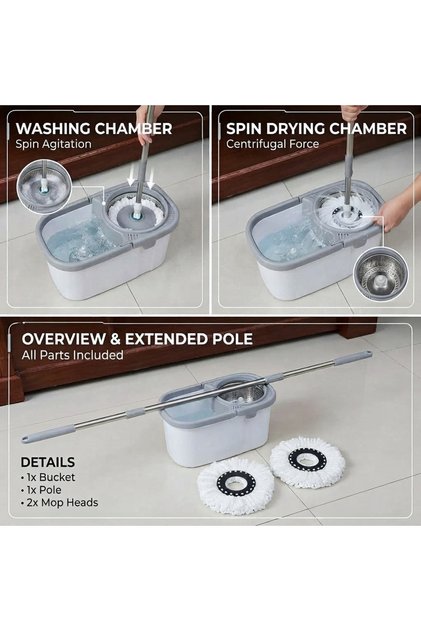 Spin Mop and Bucket Set with Wringer, 360° Rotary, Extra Mop Head, Wheels, Extendable Handle, Gray