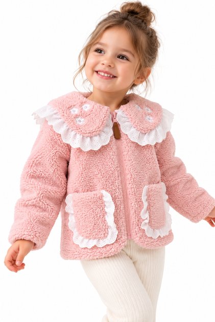 Girl's Plush Cardigan Ecru Pink Floral Detailed Ruffled Collar Zippered Lined Soft Winter Cardigan 2-3-4-5 Years Old (1 Size up Recommended)