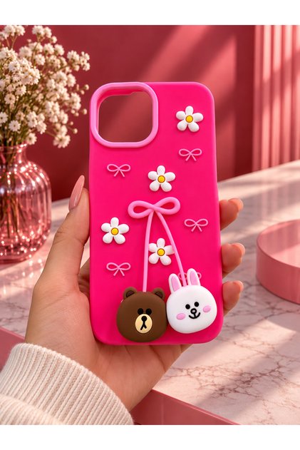 iPhone 15 Compatible - Cute Silicone Phone Case with Embossed 3D Bow & Daisy Pattern - Camera Protected