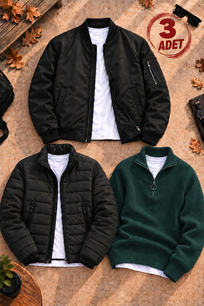Men's 3-Piece Winter Combination Set – Quilted Lined Double-Pocket Puffer Jacket + Zippered Lined Bomber Jacket + Thessaloniki Knit Stand Collar Half-Zip Knit Sweater