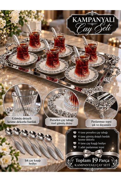 Lüks 19 Parça gümüş Çay Seti - El İşçiliği Kesme Dekoru Cam Bardak & Paslanmaz Metal Tepsi ve Tabak Seti (6 Adet Çay Kaşığı Hediye)