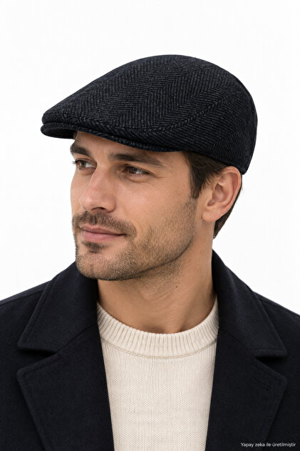 Men's Winter Cap Herringbone Patterned London Model Hat Classic Flat Cap Black