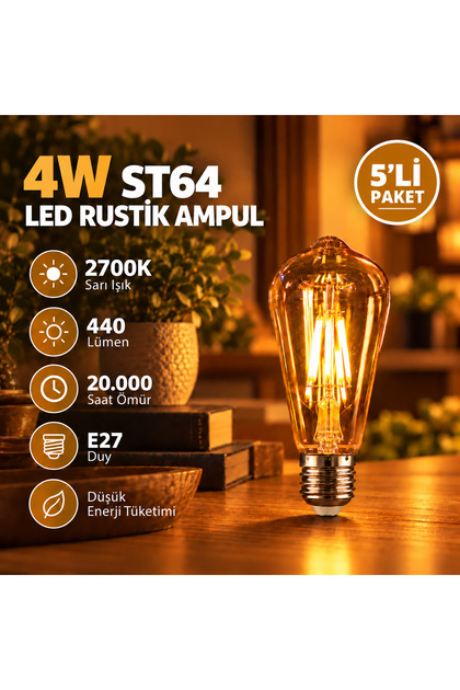 5 Adet 4W Rustik Ampul Sarı Işık ST64 Edison Ampul Flamanlı Dekoratif Ampul