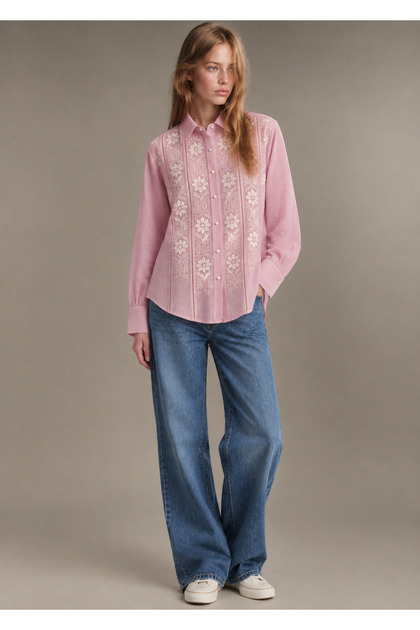 Women Hand embroidered, Timelessly Chic, Blush Bloom Raw Silk Chikankari Shirt