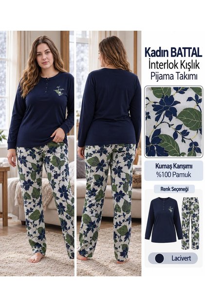 Angelina Kadın Battal Düğmeli Yaka %100 Pamuk İnterlok Kışlık Pijama Takımı 10012 - 1 Adet