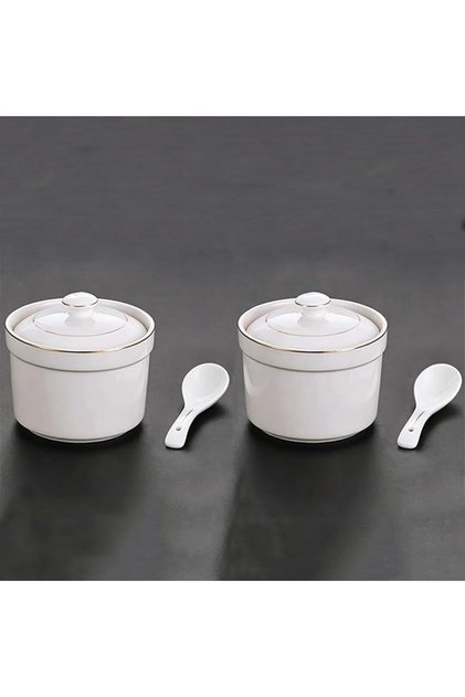2pcs Ceramic Stewing Crock with Soup Spoon Stew Jar Stewing Pot with Lid Mini Stew Crock Soup Bowls