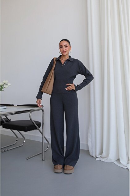 Anthracite Lara Knitwear Blouse Pants Set