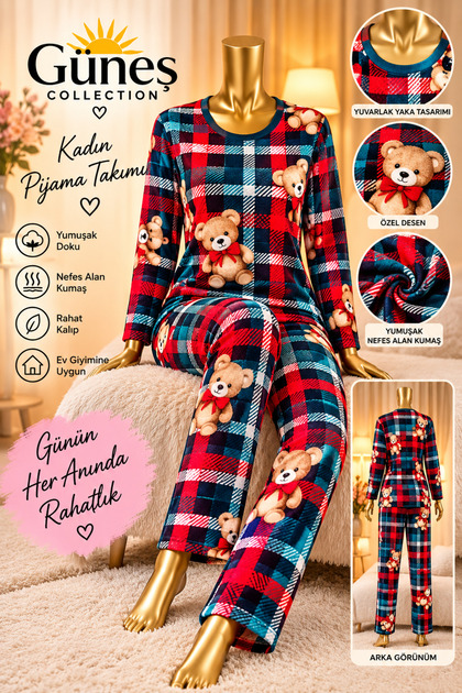 Kadın Ekose Ayıcık Desenli Yumuşak Doku Pijama Takımı