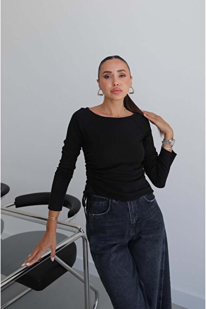 Black Gathered Tie-Back Blouse