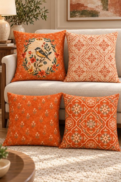 Set of 4 Cushion Covers with Orange Flowers and Birds Pattern