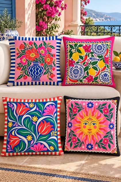 Set of 4 Throw Pillow Covers with Pink Flowers and Sun Pattern