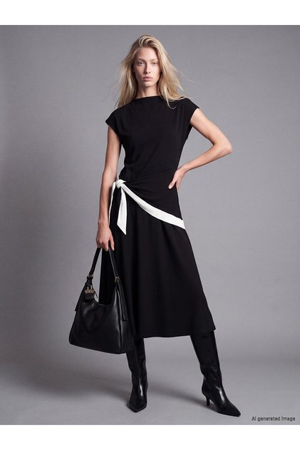 Two Mt Shop Quality Lcw Vision Black Crepe Plain Narrow & Slim Oval Collar Midi Dress