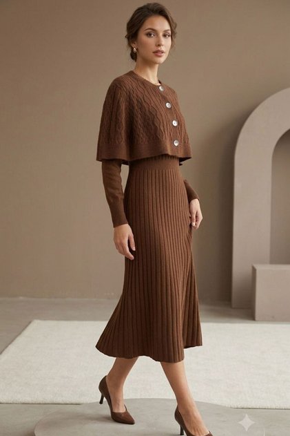 Women's Brown Knitted Patterned Cape Poncho and Long Sleeve Knitwear Dress Two-Piece Set
