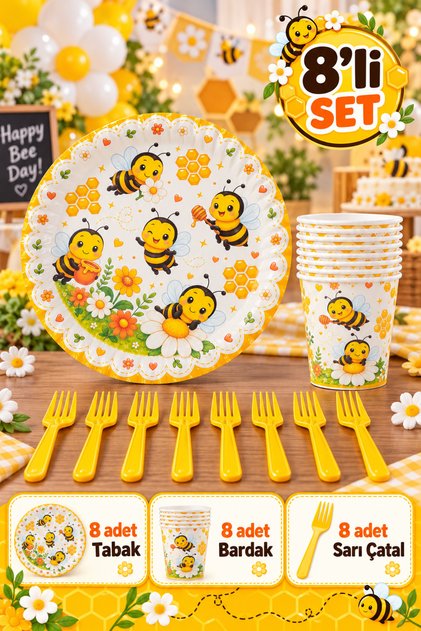 Arı Temalı Doğum Günü Parti Seti 8 Kişilik 22 cm Tabak Bardak Sarı Çatal 24 Parça