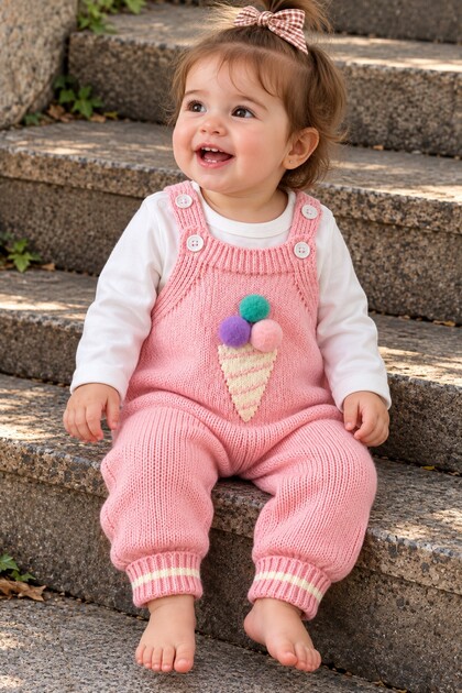 Baby Girl Knitted Ice Cream Detailed Salopet Jumpsuit Long Sleeve Set of 2 3 6 9 12 Months