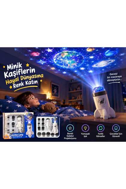 Roket Tasarımlı USB Projeksiyon Lamba, Taşınabilir Gece Lambası ve Uzay Temalı Atmosfer Işığı, Kolay Tak-Çalıştır Oda Dekorasyonu 12 DİSKLİ