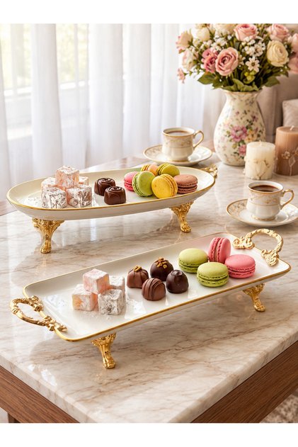 Luxurious Gold Detailed 2-Piece Porcelain Turkish Delight Bowl & Serving Set - Rectangular Tray with 4-Legged Handles and Oval Boat-Shaped Presentation Plate