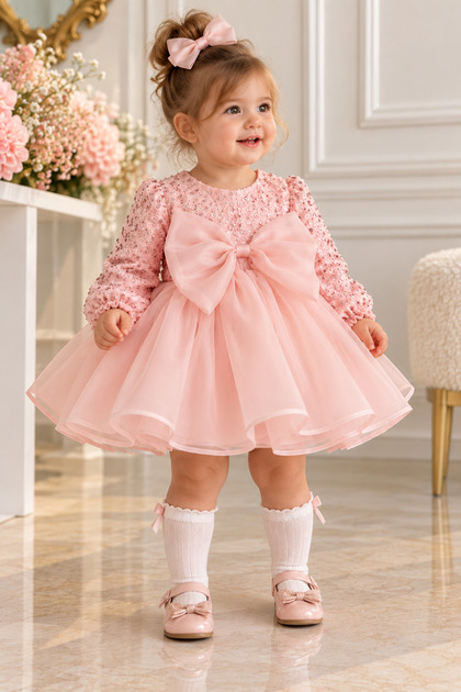Girl's Fluffy Long-Sleeved Beaded Birthday Dress