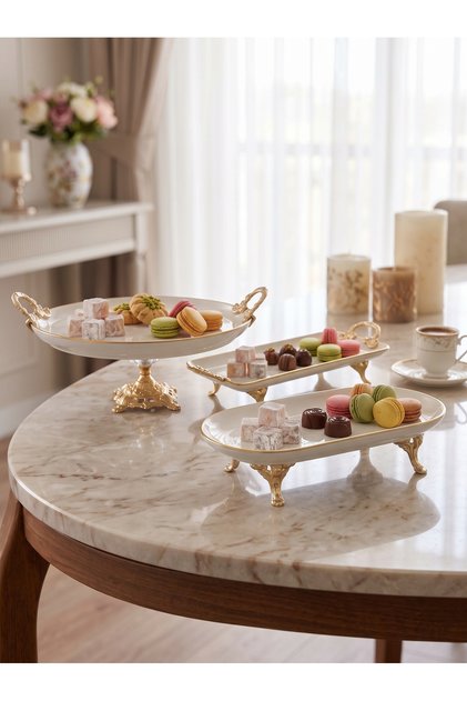 3-Piece Porcelain Dessert & Presentation Set - Round Cake Stand with Stand, Rectangular Tray with Handle, and Oval Serving Plate