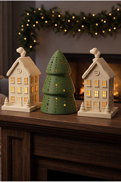 KIŞ MASALI - Christmas Village Işıklı Dekoratif Ev ve Çam Ağacı Tea Light LED Mumlu Krem Haki Yılbaşı Evi Seti | Gece Lambası