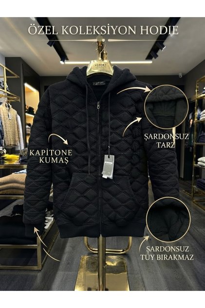 Yeni Sezon Premium Kapitone Kumaş Şardonsuz Rahat Kesim Kapşonlu Hır