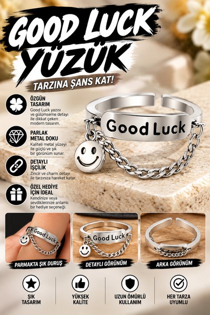 Good Luck Ring – Adjustable Model with Smile Charm Chain Detail