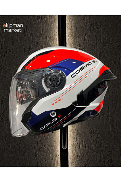 Yarım Kask Mavi Kırmızı Parlak (Güneş Vizörlü) Cosmo SV OF515SV Icarus A5