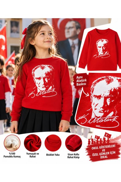 Unisex Çocuk Atatürk Baskılı Kırmızı Uzun Kollu Sweatshirt – 29 Ekim 23 Nisan Okul Gösteri Üstü