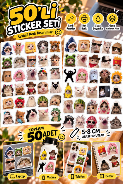50'li Komik Kedi Meme Sticker Seti - Eğlenceli Dekoratif Çıkartma