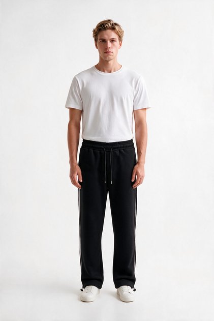 Men's Baggy Sweatpants with 3 Threaded Side Piping and Adjustable Legs