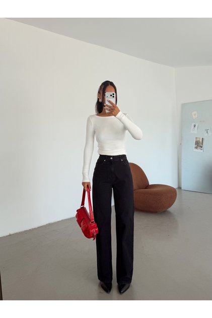 Palazzo Jeans with Stitching Detail - Black
