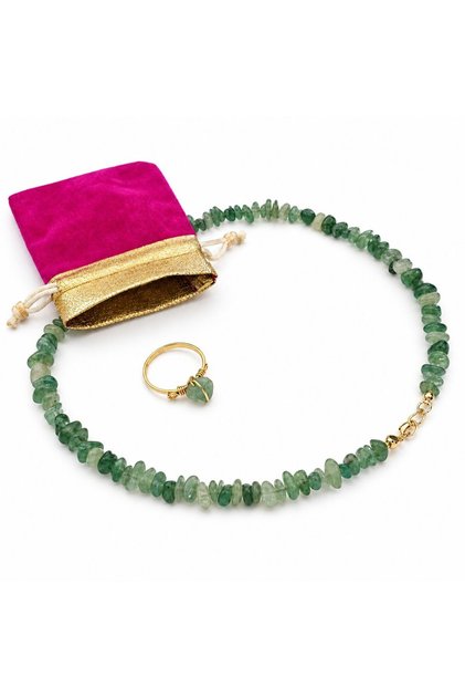 Natural Aventurine Stone Necklace and Ring 2-Piece Jewelry Set – Green Natural Stone with Gold Detail