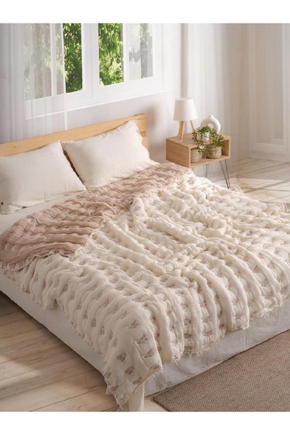 9 KATLI 240 x 260 cm %100 PAMUK MÜSLİN YORGAN YATAK ÖRTÜSÜ YONCA PUFF CAMEL