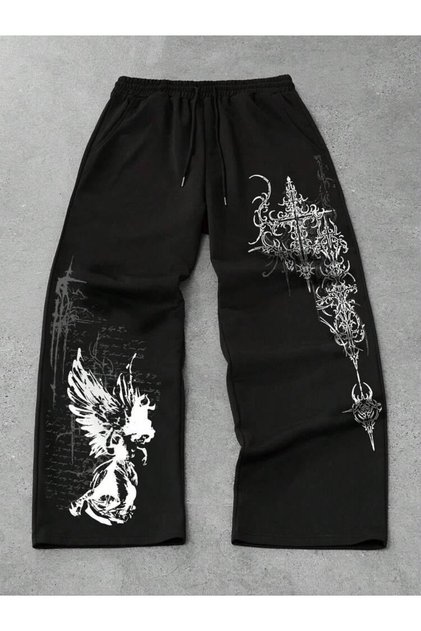 Black Gothic Angel White Printed Oversize Sweatpants Six