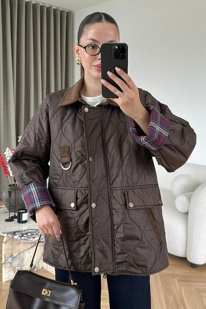 Women's Garnished Plaid Detailed Unlined Quilted Thin Coat - Bitter Brown