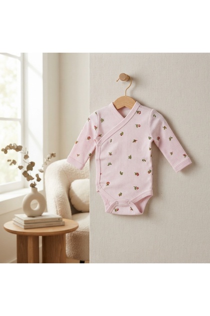 Body petrecut bebe fetita din bumbac roz cu imprimeu floral si maneca lunga