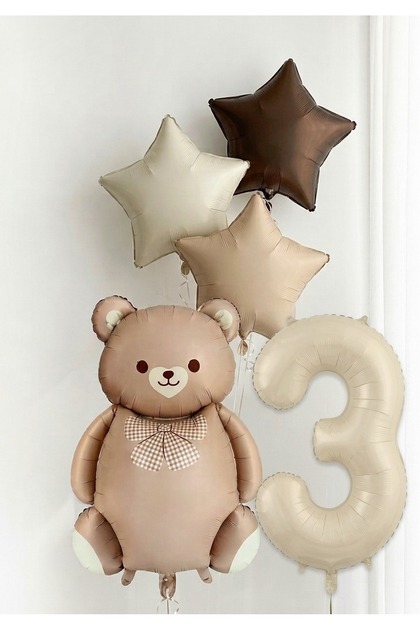 3 Year Old Foil Balloon Set with Teddy Bear and Star Number Birthday Decoration