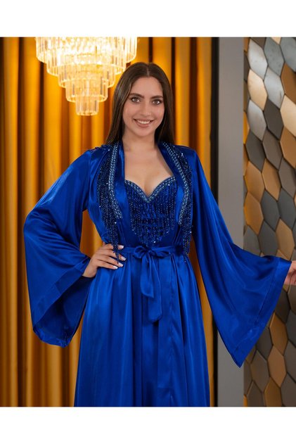 2-Piece Full Satin Long Kimono and Nightgown Set with Crystal Stone Fringe Details (Boxed)