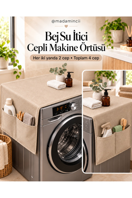 Bej, Su İtici, Çamaşır Makinesi Örtüsü, 4 Cepli Düzenleyici, Koruyucu Örtü