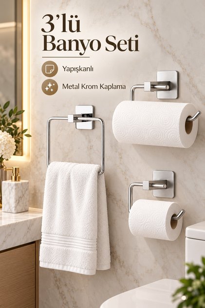 Krom Kare Havluluk Yapışkanlı Açık Tuvalet Kağıtlığı Solo Rulo Kağıtlık 3 Lü Banyo Seti