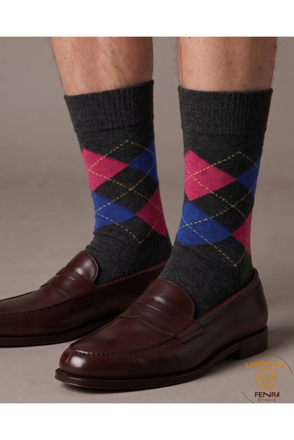 Men's Winter Thermal Wool Warm Lambswool Anthracite Fuchsia Blue Checked Socks