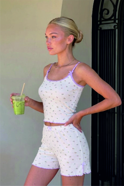 Bowknot Thin Strap Floral Print Pointelle Slit Shorts Summer Women's Pajama Set