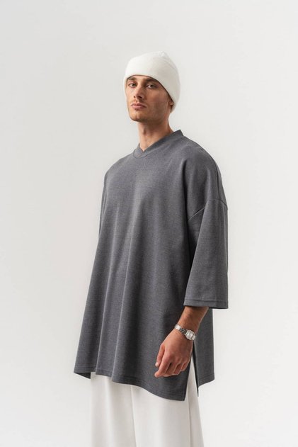 Vslit V-Neck Oversized Men's Sweatshirt with Slit Detail at the Hem