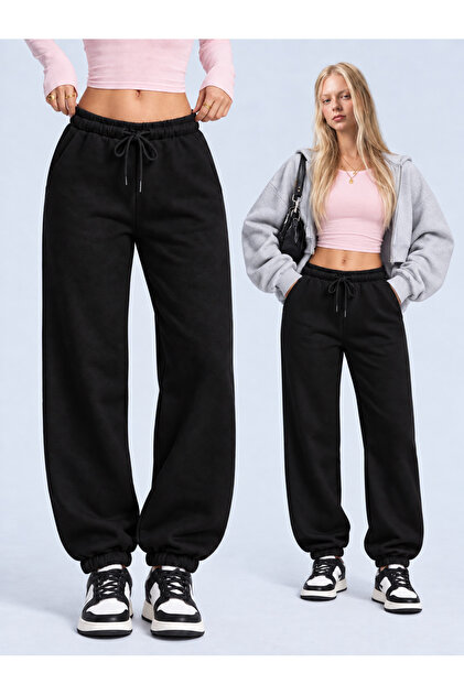 Women's 3 Threaded Fleece-Lined Elastic Waist Lace-Up Jogger Sweatpants - Black