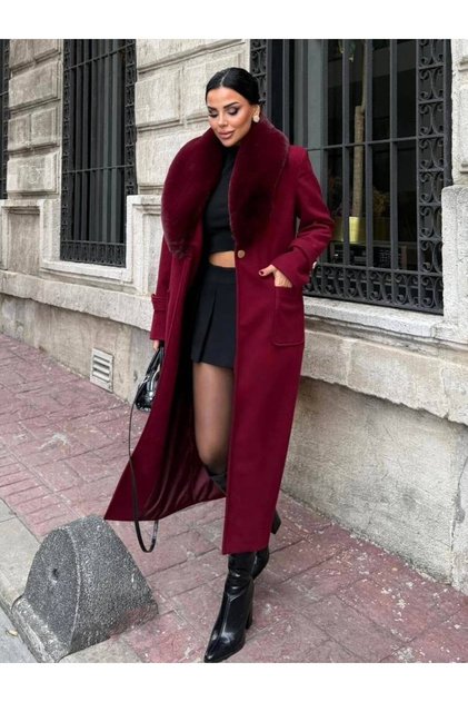 Women's Brown Faux Fur Collar Long Cashmere Coat / Overcoat with Gold Button Detail and Belt