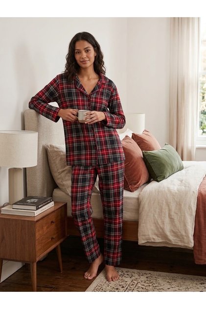 Miss Melina Kırmızı-Siyah Ekose Kareli %100 Pamuk Gömlekli Pijama Takımı