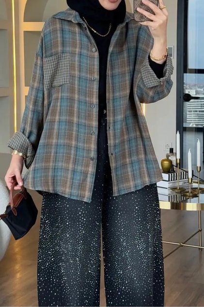 Blue Plaid Patterned Oversize Shirt Per5163