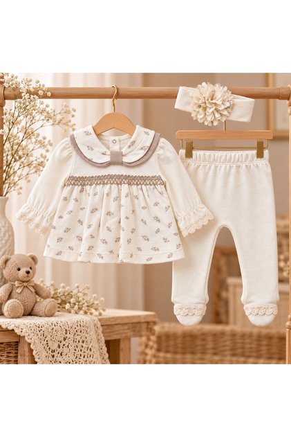 Compleu bebe fetita din bumbac cu bluza, pantaloni cu botosei si bentita, crem