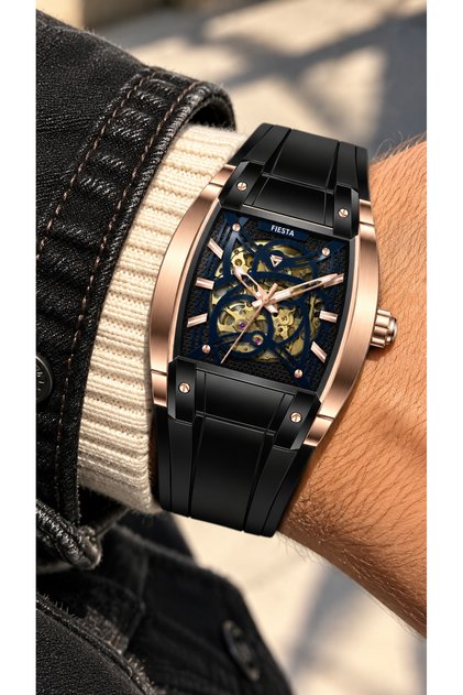 Automatic (Without Battery)-Black Silicone Cord-Steel Case-5 Atm-Men's Wristwatch in Stylish Box